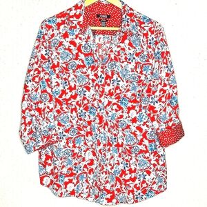 LIKE NEW Chaps 3/4 sleeve Red and Blue Floral Button Down Shirt - Size 1X